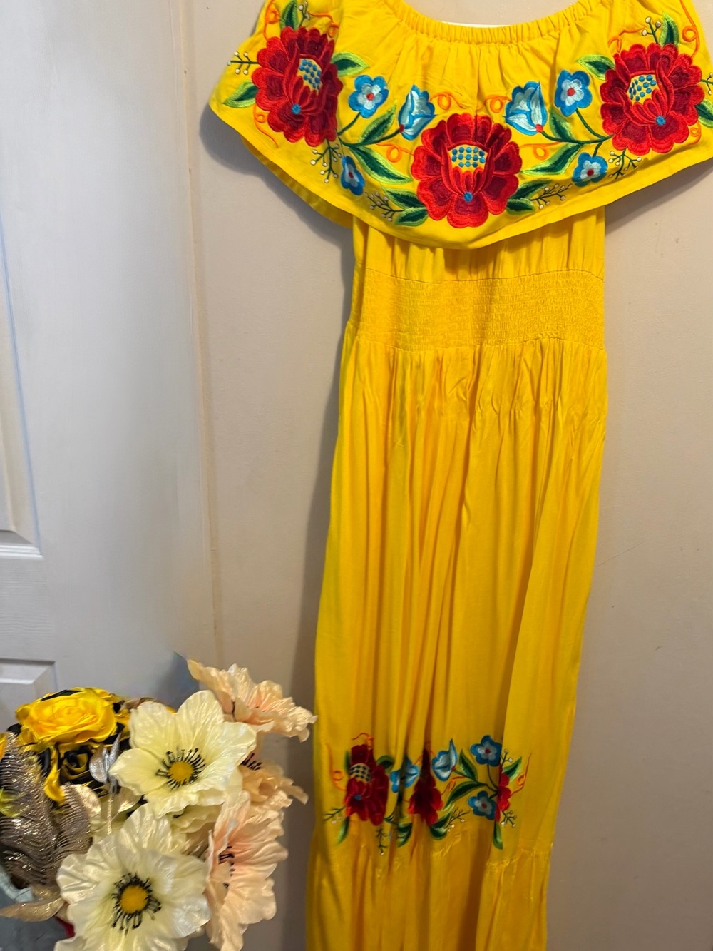 Yellow Off-Shoulder Embroidered Maxi Dress